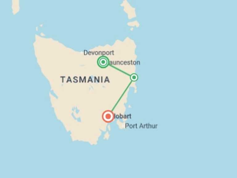 Map of Oceania Tour with 3 destination visits for the trip: Tassie's East Coast Highlights