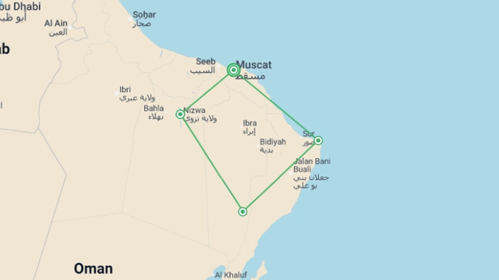 A map showing the tour itinerary for the trip: Highlights of Oman, starting in Muscat, Oman and ending in Muscat, Oman going through 3 other destinations.