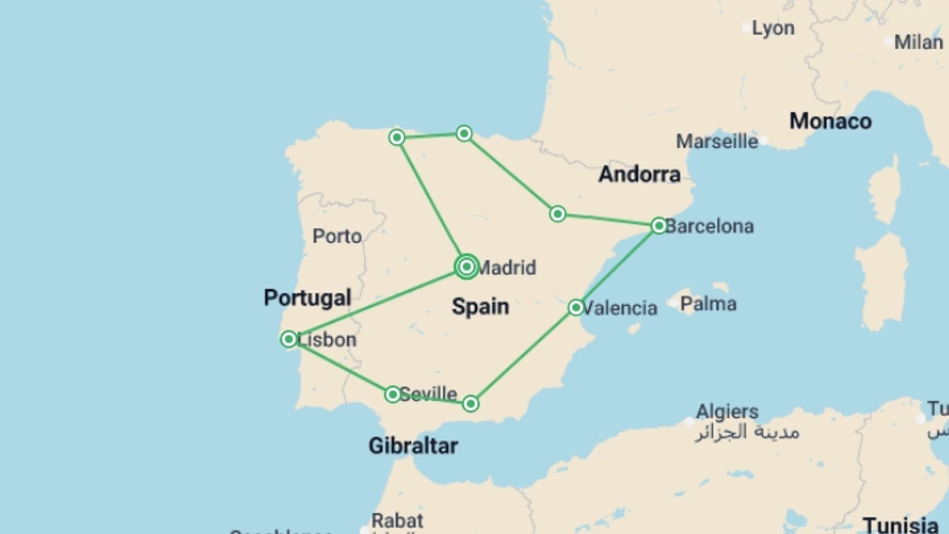 A map showing the tour itinerary for the trip: Iberian Holidays, starting in Madrid, Spain and ending in Madrid, Spain going through 8 other destinations.