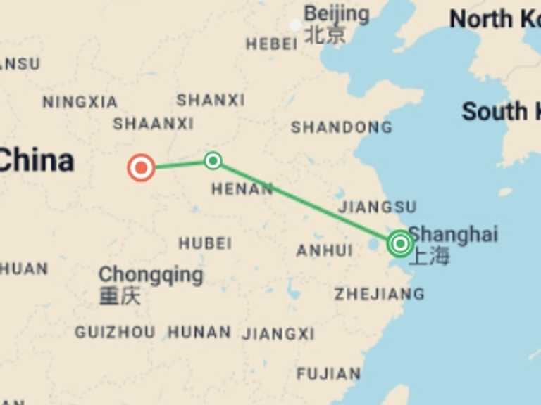 Map itinerary of Asia Tour in November 2026 with 3 destination visits for the trip: Classical China end Xian