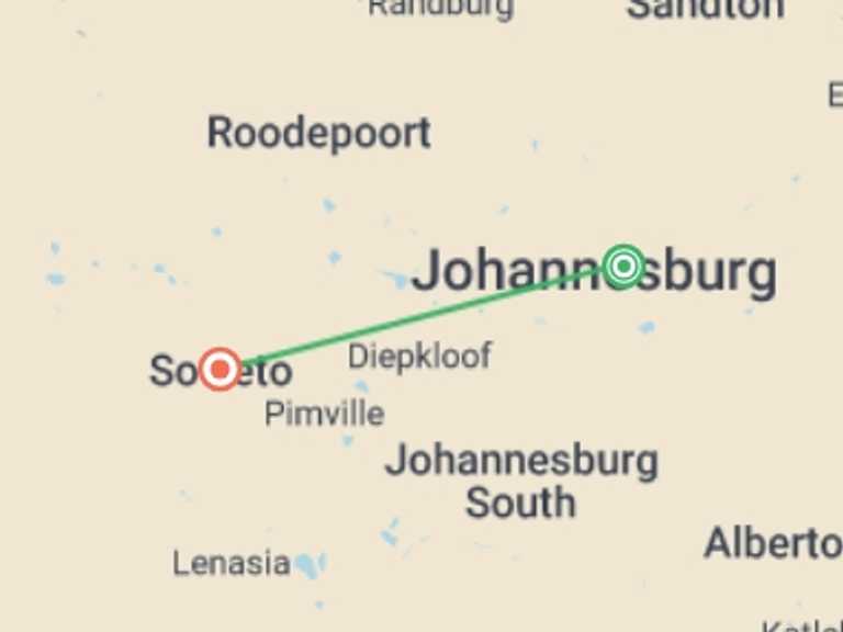 Map itinerary of Johannesburg Tour in September 2025 with 2 destination visits for the trip: Soweto Kids Voluntour 17D/16N