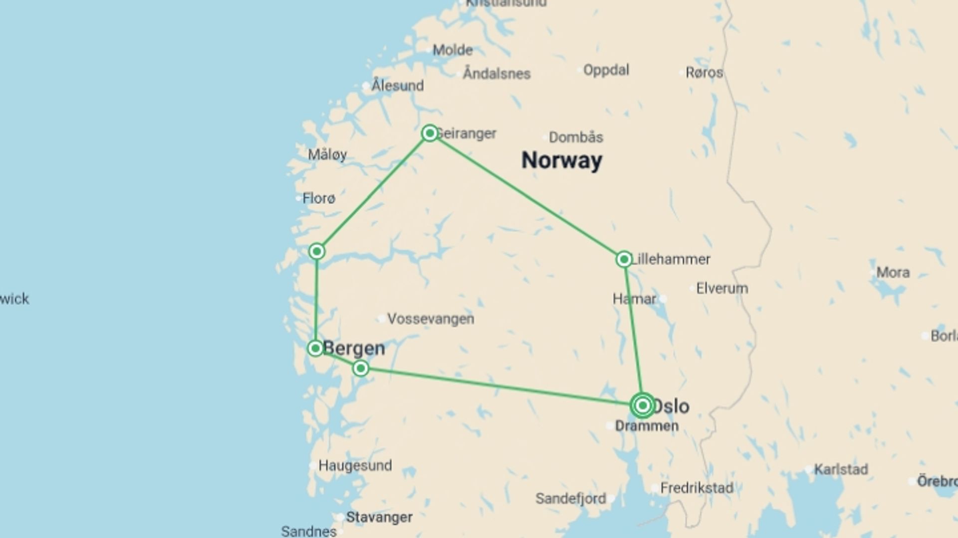 A map showing the tour itinerary for the trip: Best of Norway, starting in Oslo, Norway and ending in Oslo, Norway going through 5 other destinations.