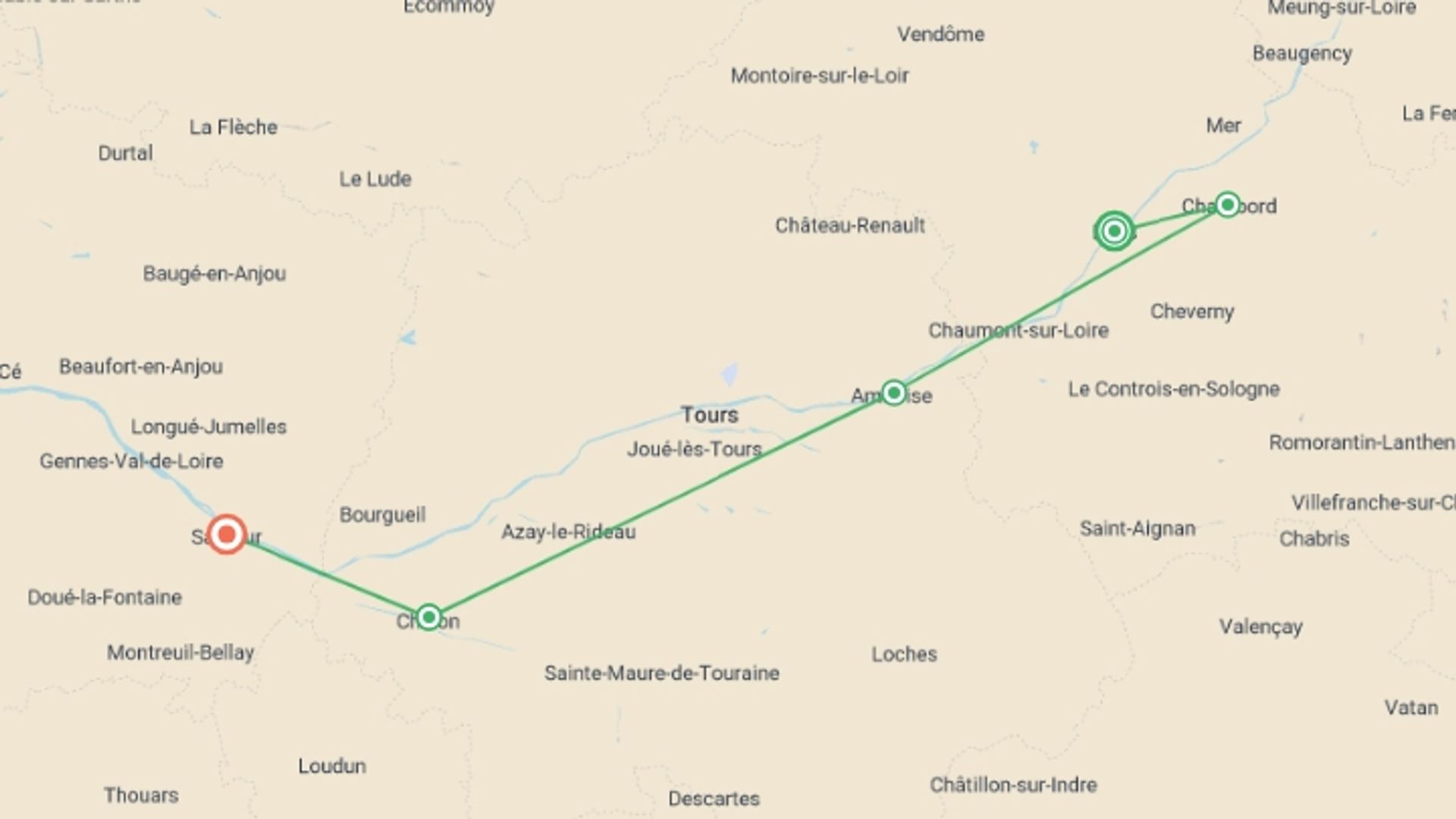 A map showing the tour itinerary for the trip: Cycle the Loire Valley, starting in Blois, France and ending in Saumur, France going through 6 other destinations.