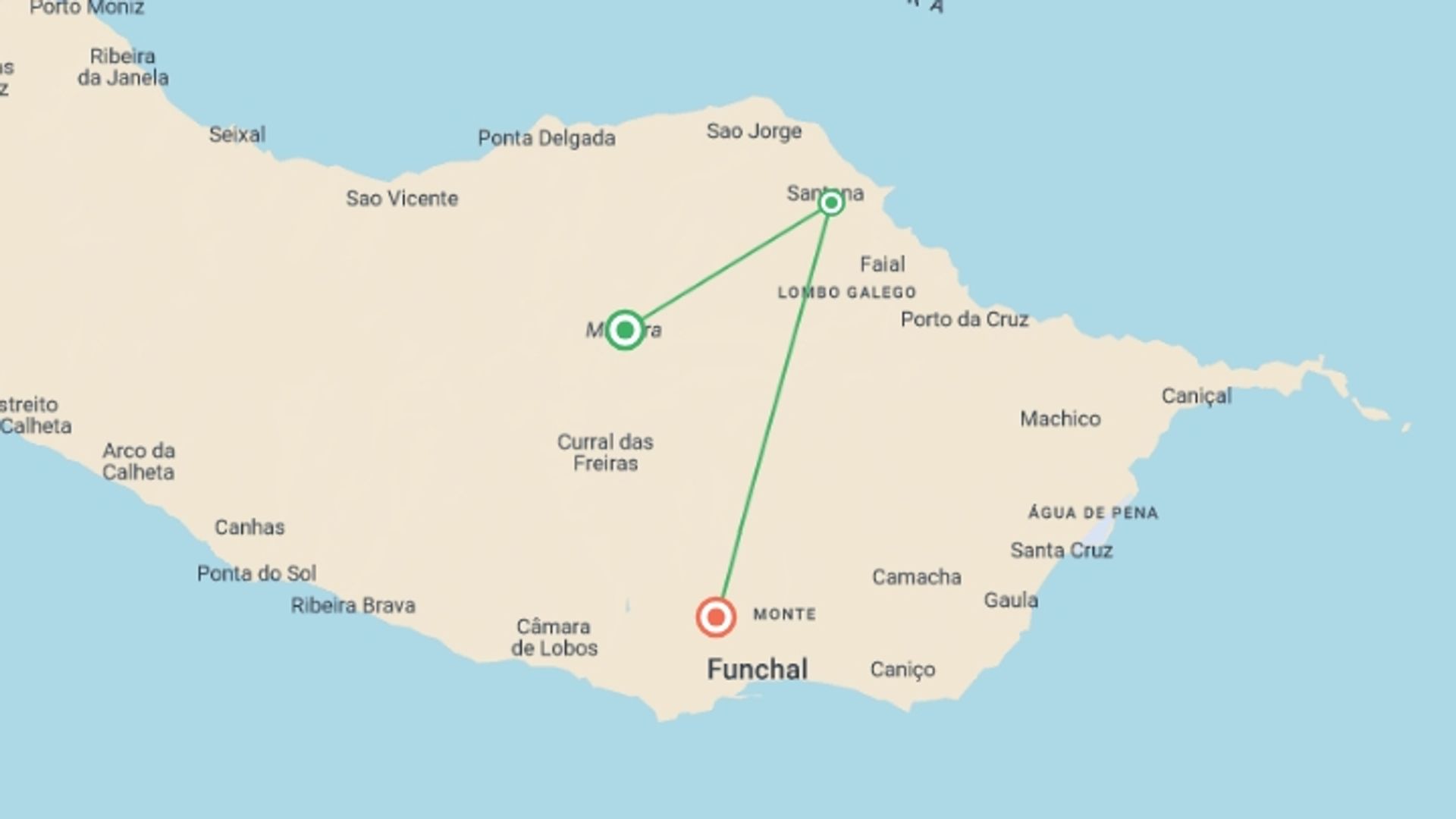 A map showing the tour itinerary for the trip: Hiking in Madeira, starting in Madeira, Portugal and ending in Funchal, Portugal going through 1 other destinations.
