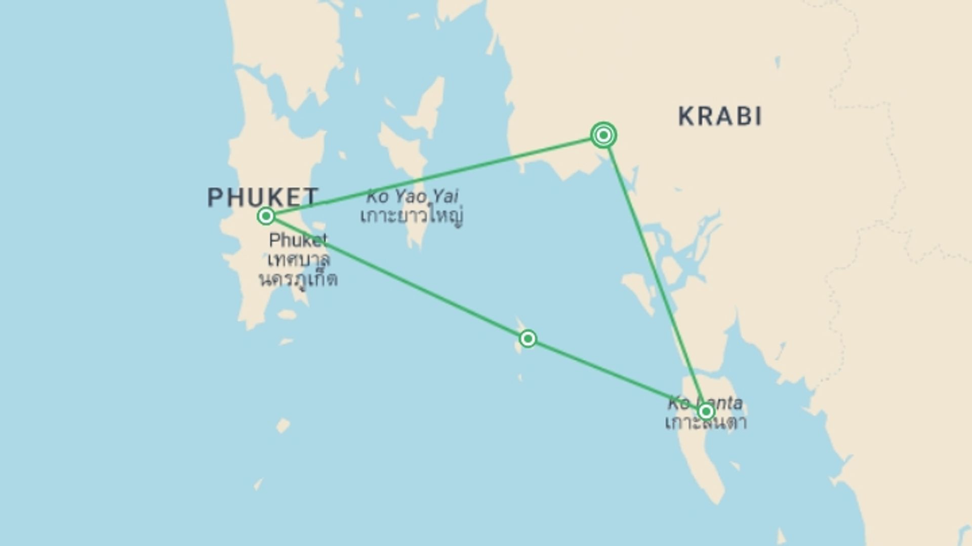 A map showing the tour itinerary for the trip: Island Escape, 12 Days (option 2), starting in Krabi, Thailand and ending in Krabi, Thailand going through 3 other destinations.