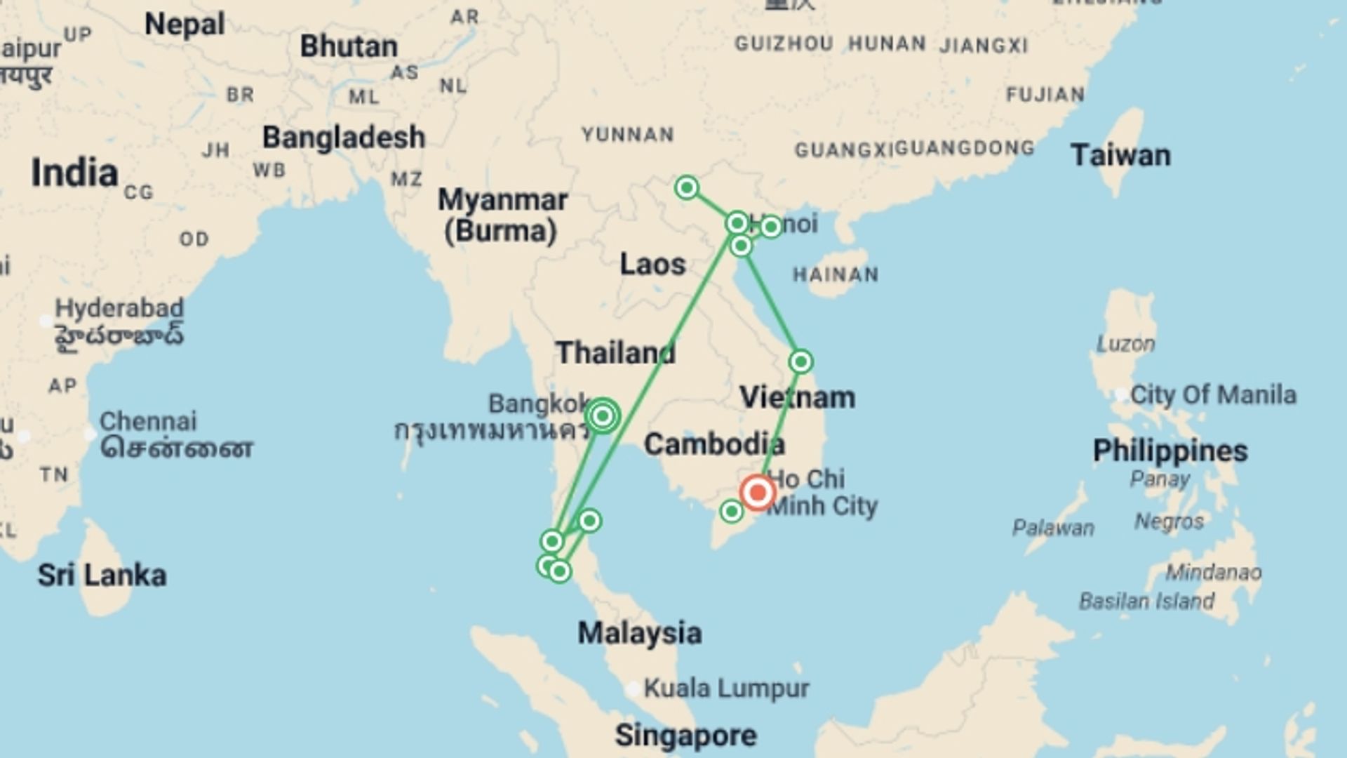 A map showing the tour itinerary for the trip: Bangkok to Ho Chi Minh City - 27 days, starting in Bangkok, Thailand and ending in Ho Chi Minh City, Vietnam going through 10 other destinations.