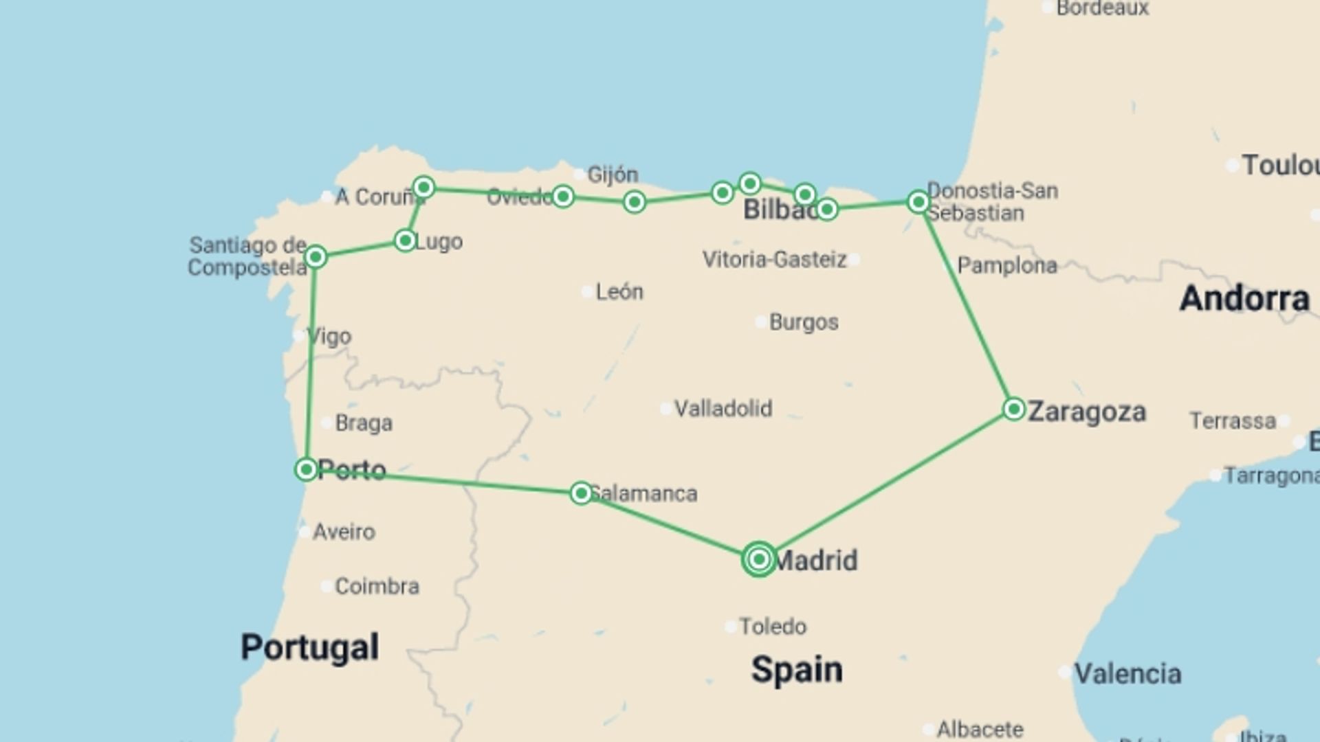 A map showing the tour itinerary for the trip: Best of Northern Spain & Porto - 10 days, starting in Madrid, Spain and ending in Madrid, Spain going through 6 other destinations.