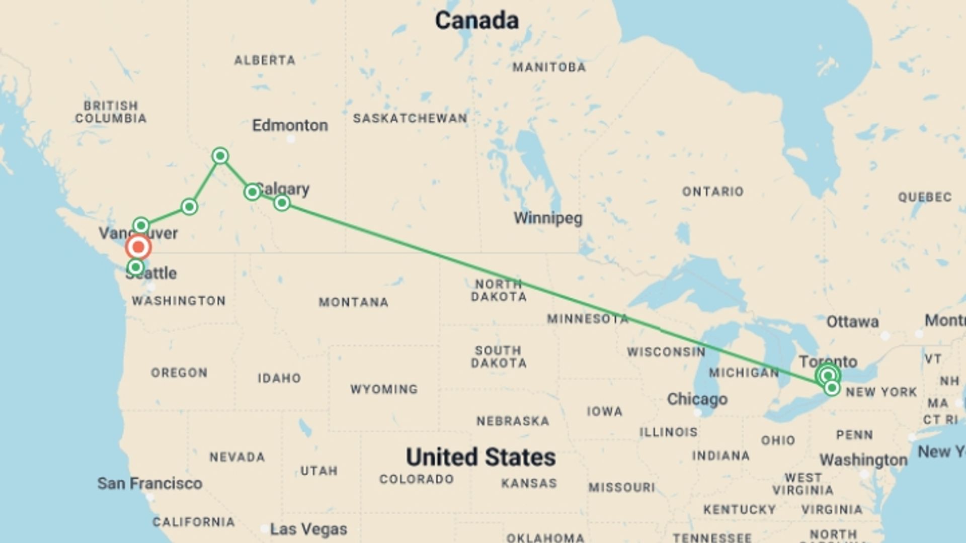 A map showing the tour itinerary for the trip: Canadian Highlights, starting in Toronto, Canada and ending in Vancouver, Canada going through 9 other destinations.