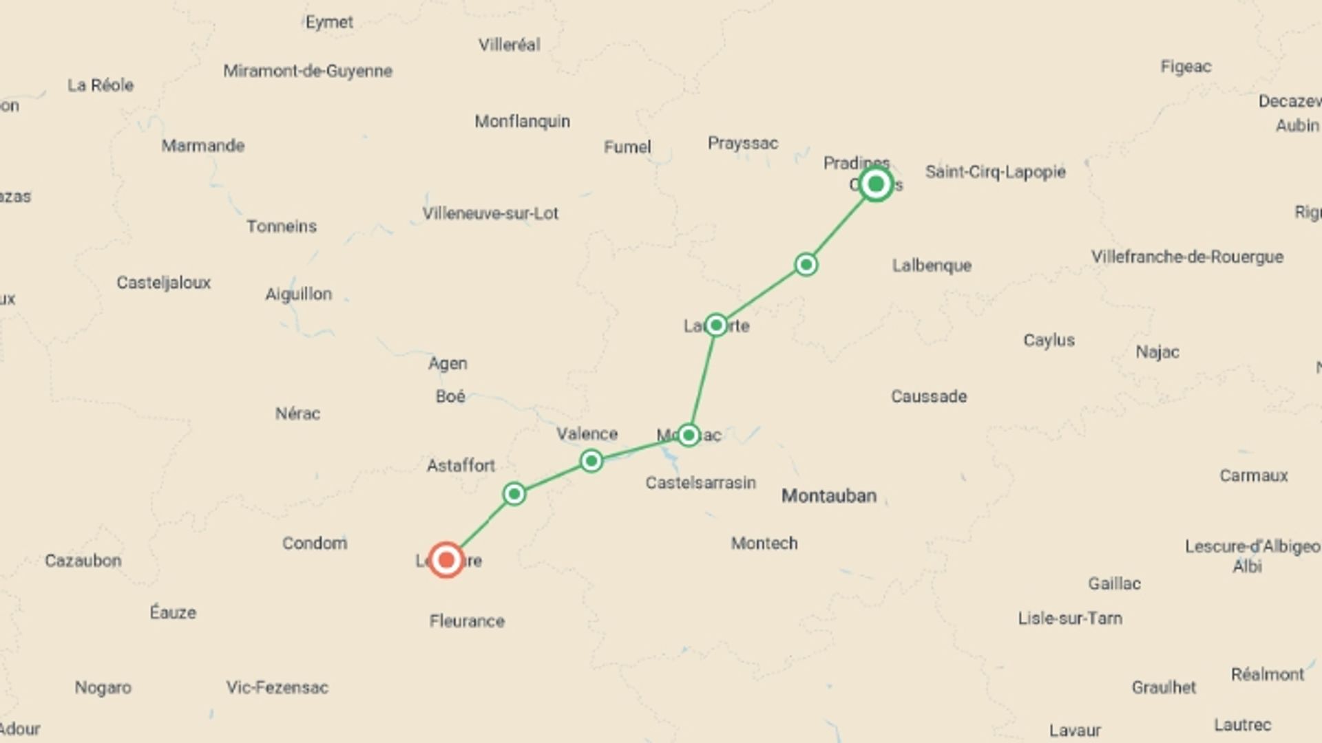 A map showing the tour itinerary for the trip: Le Puy Camino - Cahors to Lectoure, starting in The Way of St. James, France and ending in Lectoure, France going through 6 other destinations.