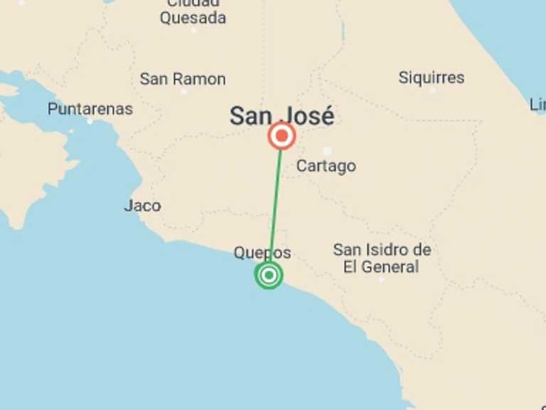 Map of San Jose Getaways and short breaks Tour with 3 destination visits for the trip: Manuel Antonio Beach & San José City, Short Break