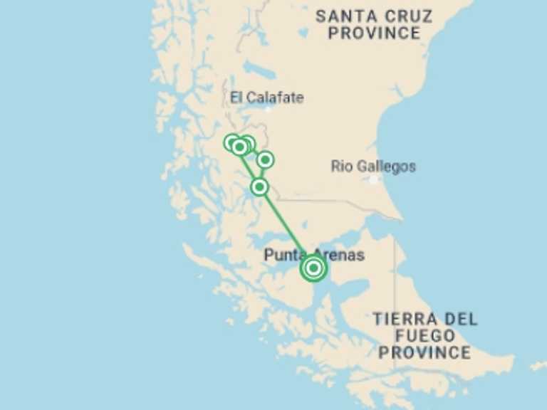 Map itinerary of Chile Tour in March 2026 with 9 destination visits for the trip: Exploring the Best of Torres del Paine - W circuit