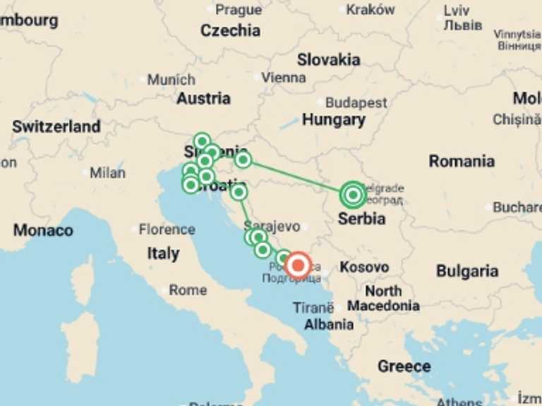 Map itinerary of Ljubljana Tour in October 2026 with 7 destination visits for the trip: Belgrade to Dubrovnik - 13 days