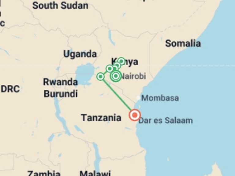 Map of Nairobi National parks Tour with 7 destination visits for the trip: Wonders of Kenya