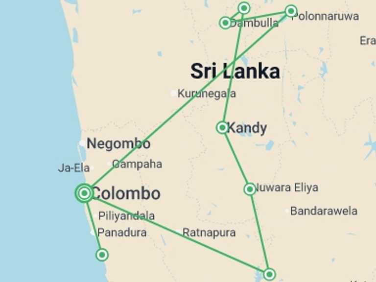 Map itinerary of Sri Lanka Tour in June 2026 with 6 destination visits for the trip: Buddha and Beach - 12 days