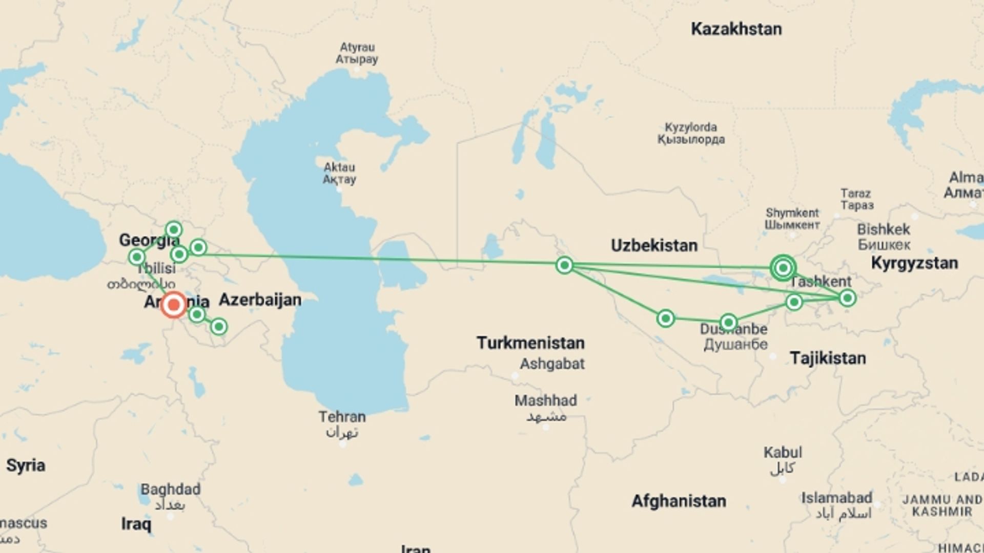 A map showing the tour itinerary for the trip: Markets and Minarets, starting in Tashkent, Uzbekistan and ending in Yerevan, Armenia going through 11 other destinations.