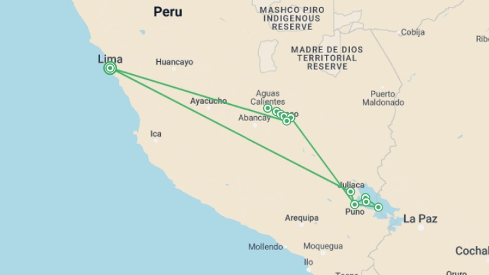 A map showing the tour itinerary for the trip: 11 Days: The Magic of the Andes, starting in Lima, Peru and ending in Lima, Peru going through 9 other destinations.