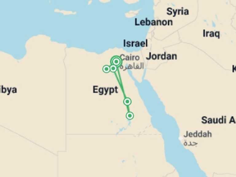Map of Egypt Tour with 5 destination visits for the trip: Ancient Egypt: Pyramids & Deserts