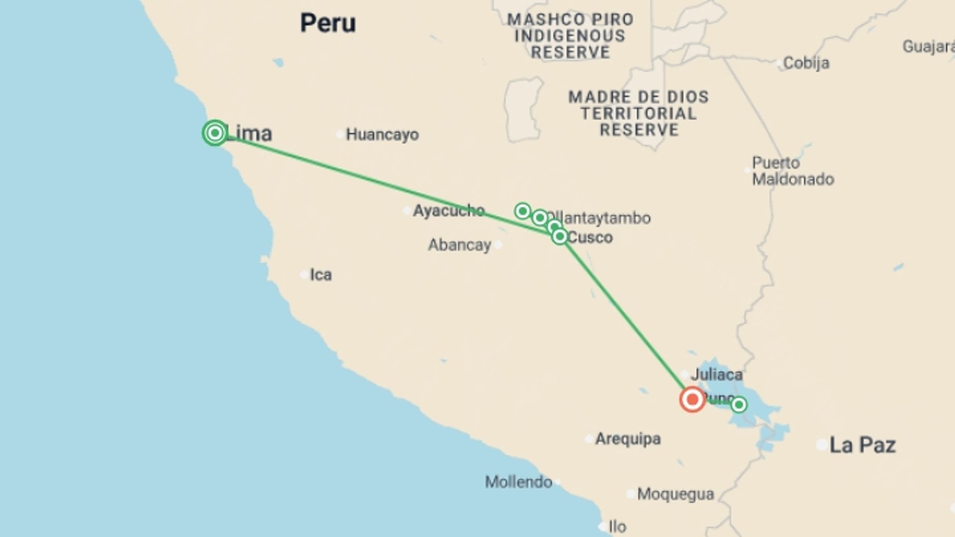 A map showing the tour itinerary for the trip: Andean World, Private Tour, starting in Lima, Peru and ending in Juliaca, Peru going through 3 other destinations.