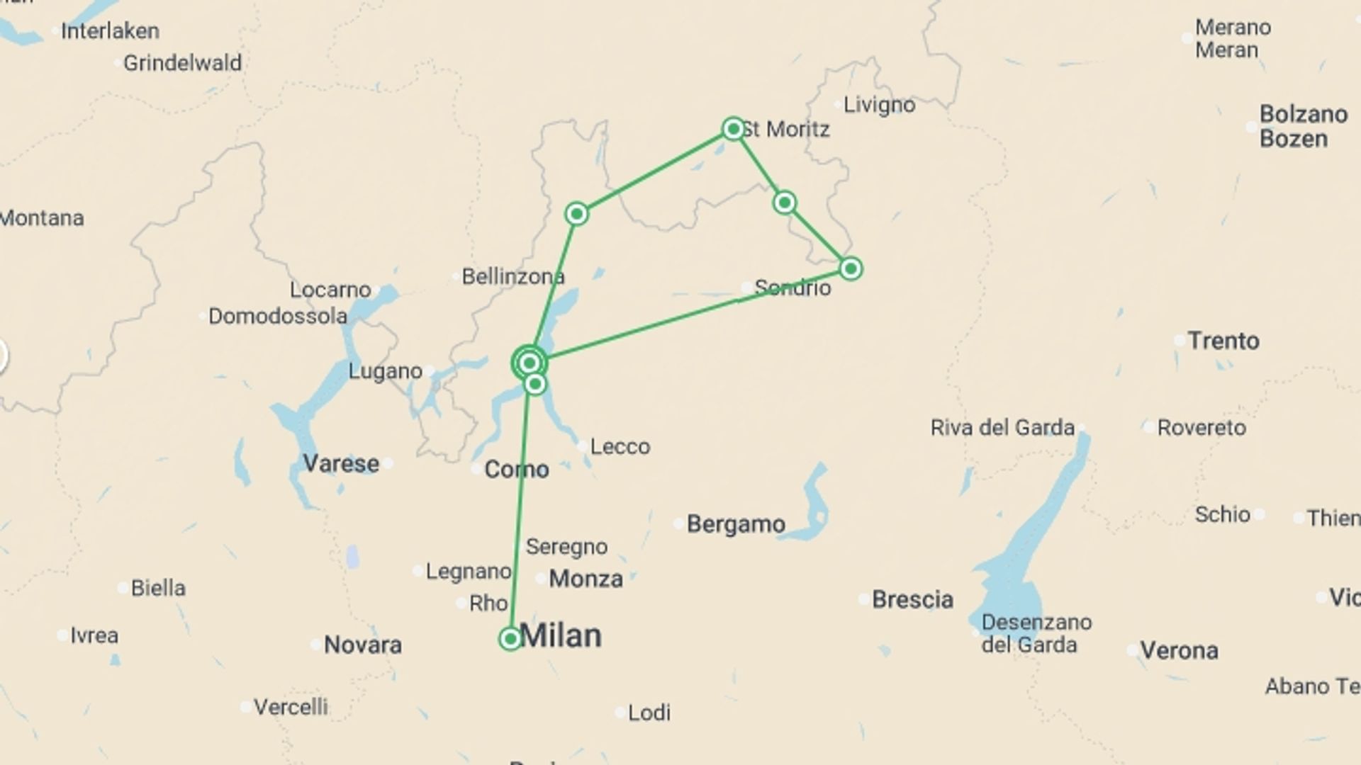 A map showing the tour itinerary for the trip: Lake Como, Saint Moritz & Milan (4 Star) - 8 days, starting in Menaggio, Italy and ending in Menaggio, Italy going through 0 other destinations.