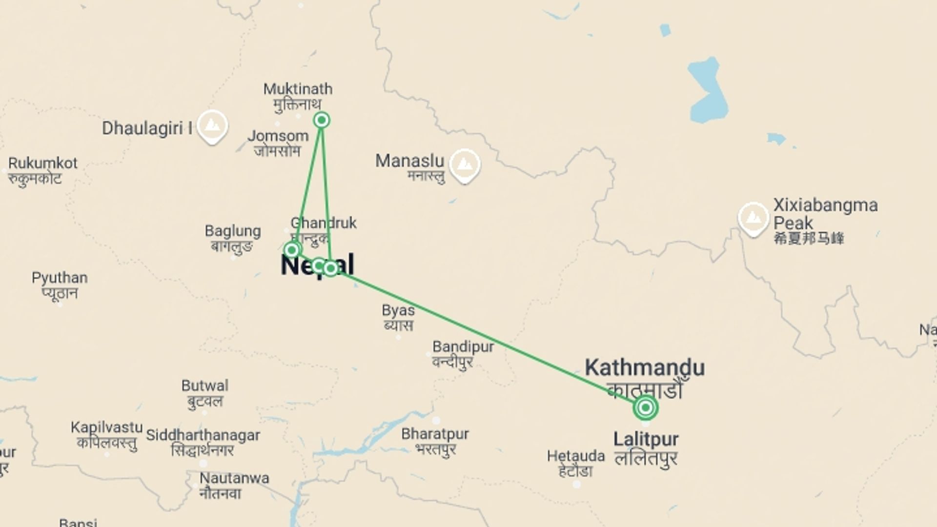 A map showing the tour itinerary for the trip: Nepal Trek Challenge, starting in Kathmandu, Nepal and ending in Kathmandu, Nepal going through 4 other destinations.