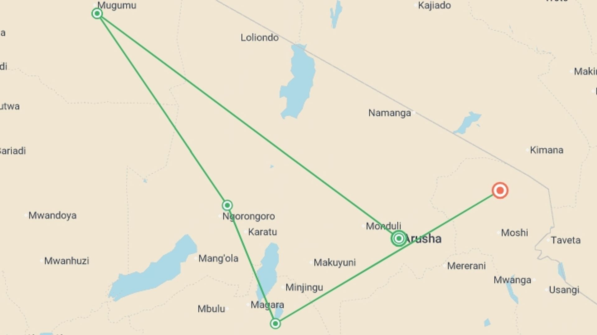 A map showing the tour itinerary for the trip: Unforgettable Tanzanian Safari: Witness the Great Migration, starting in Arusha, Tanzania and ending in Kilimanjaro, Tanzania going through 3 other destinations.