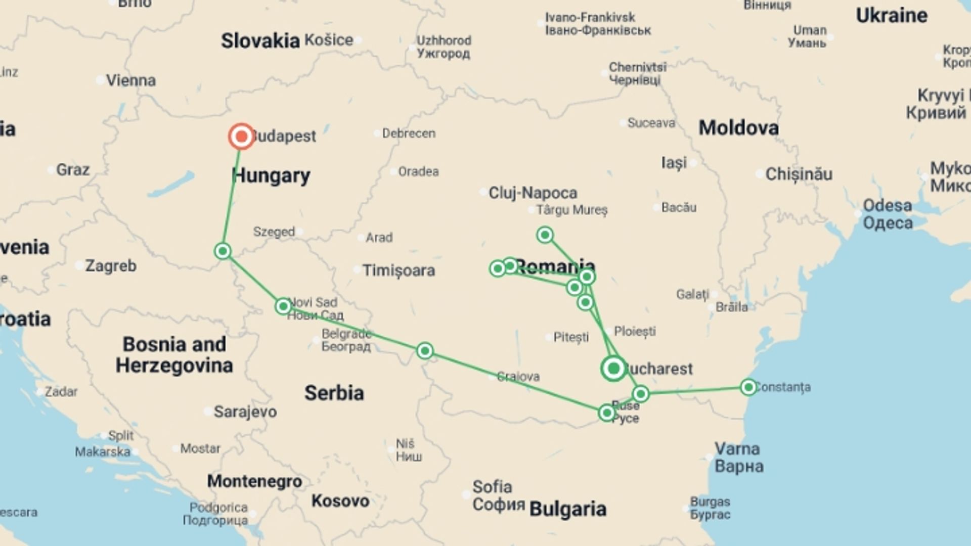 A map showing the tour itinerary for the trip: Along the Danube, the Balkan peninsula and Budapest (port-to-port cruise), starting in Bucharest, Romania and ending in Budapest, Hungary going through 7 other destinations.