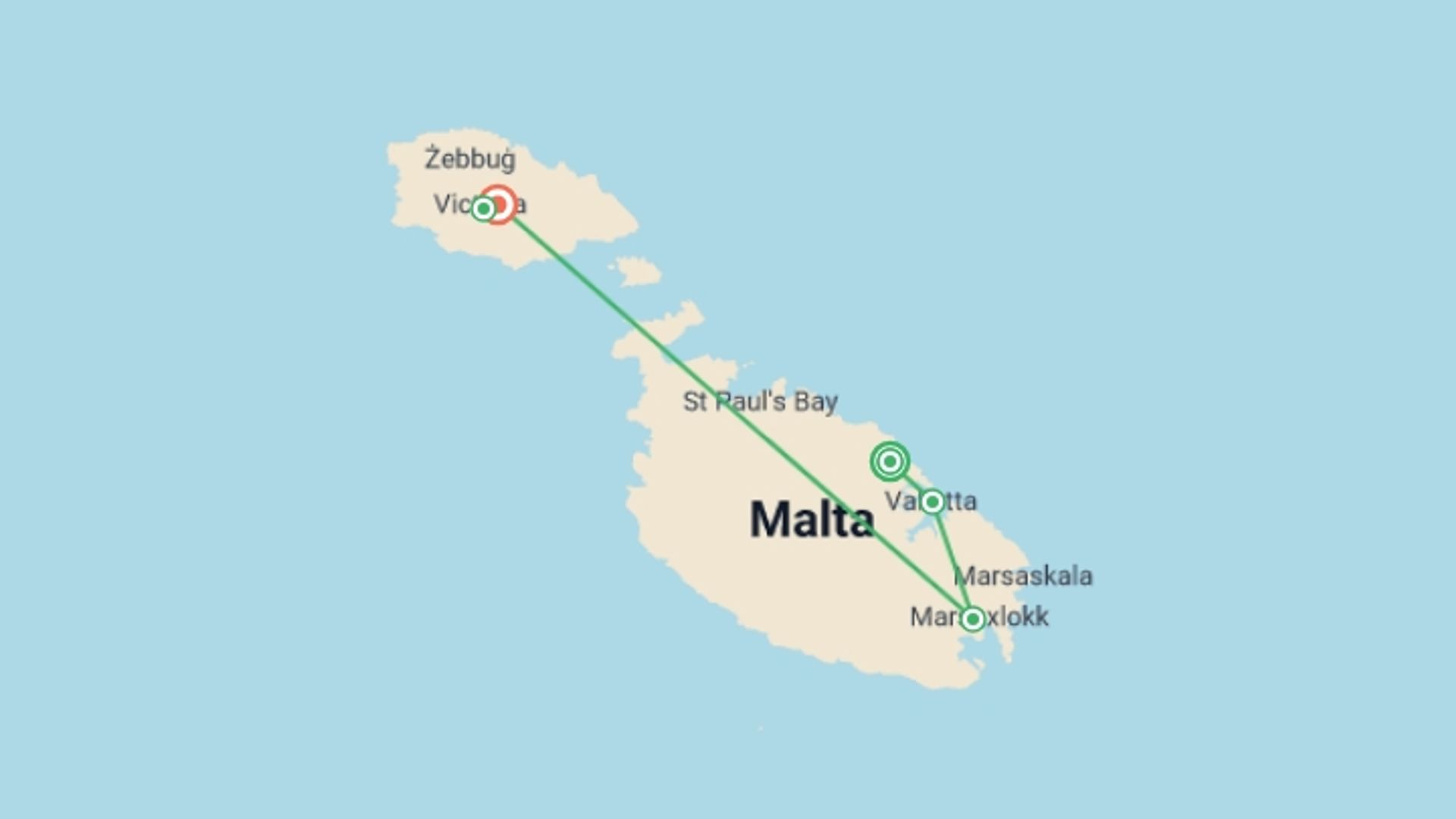 A map showing the tour itinerary for the trip: Discovering the Maltese Islands, starting in St Julian's, Malta and ending in Gozo, Malta going through 3 other destinations.