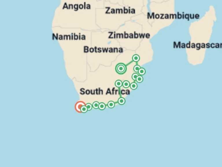Map itinerary of Cape Town Tour in December 2025 with 16 destination visits for the trip: Kruger, Coast & Cape