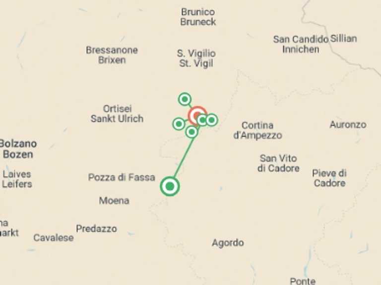 Map of Dolomites Tour with 3 destination visits for the trip: Walking the Dolomites of Alta Badia