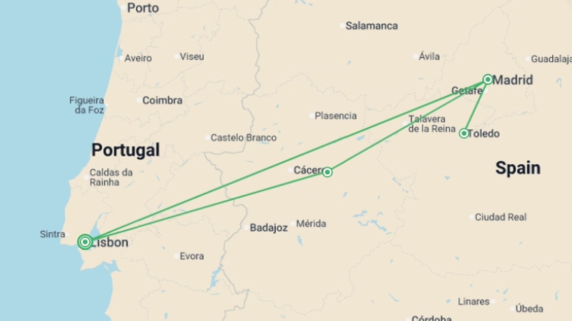 A map showing the tour itinerary for the trip: Lisbon to Caceres, Madrid & Toledo - 5 days, starting in Lisbon, Portugal and ending in Lisbon, Portugal going through 1 other destinations.