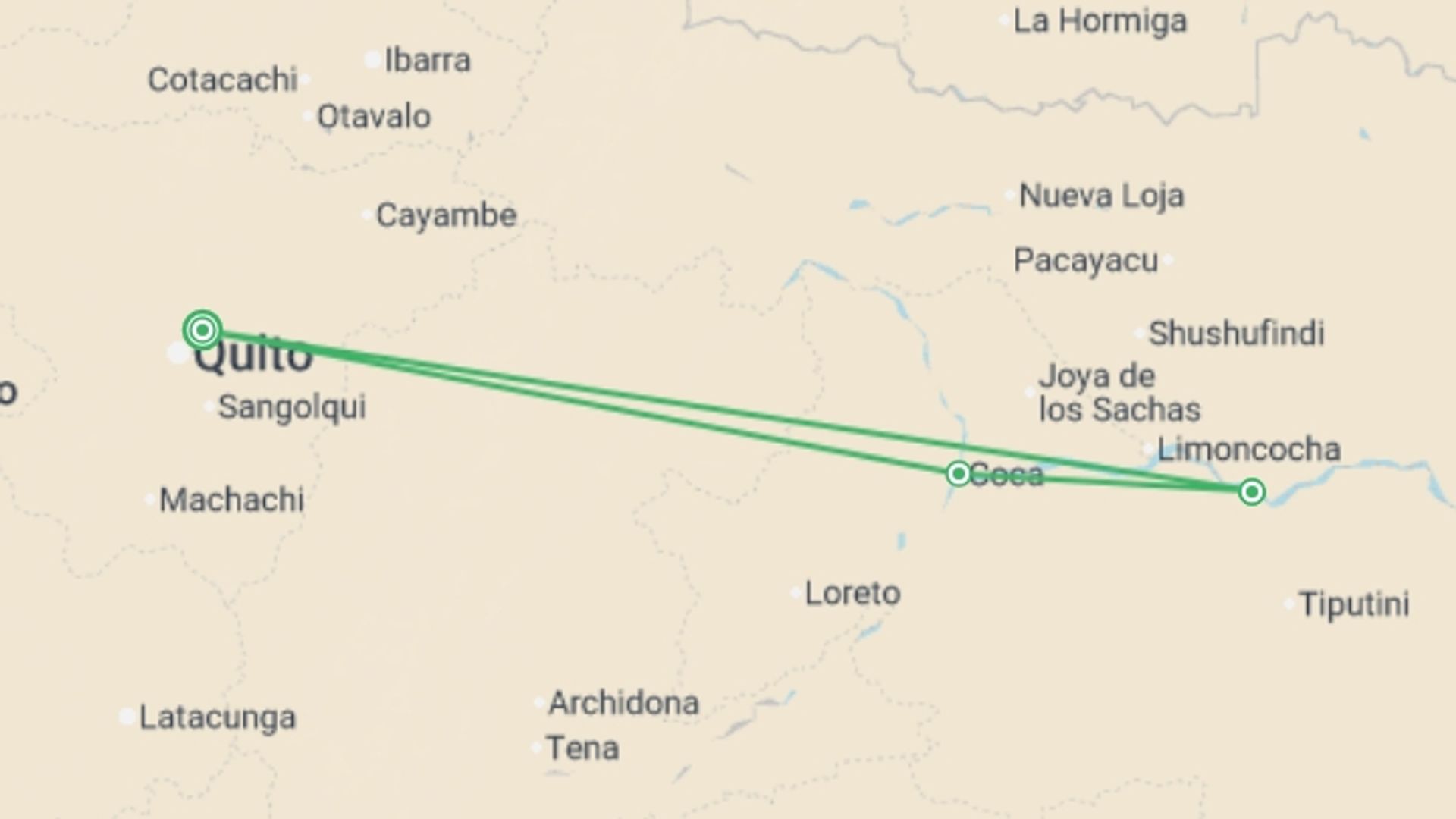 A map showing the tour itinerary for the trip: Yasuni Amazon Expedition 5D/4N, starting in Quito, Ecuador and ending in Quito, Ecuador going through 2 other destinations.