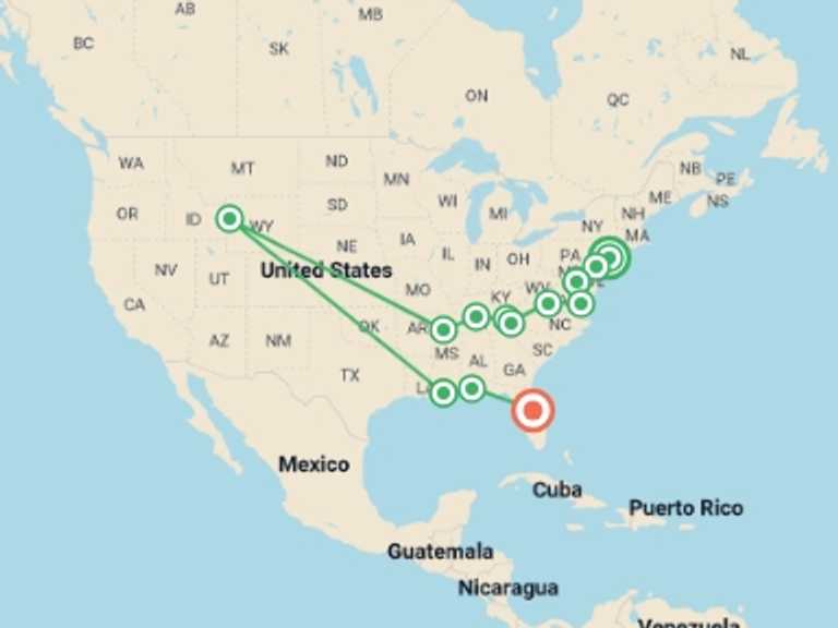 Map of North America Tour with 9 destination visits for the trip: Deep South Explorer to Orlando - 13 days