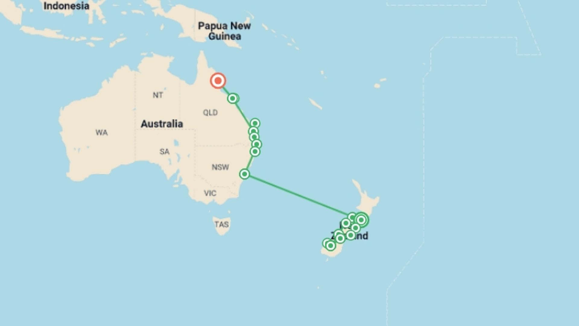 A map showing the tour itinerary for the trip: Australia and New Zealand: Surfing & National Parks, starting in Wellington, New Zealand and ending in Cairns, Australia going through 14 other destinations.
