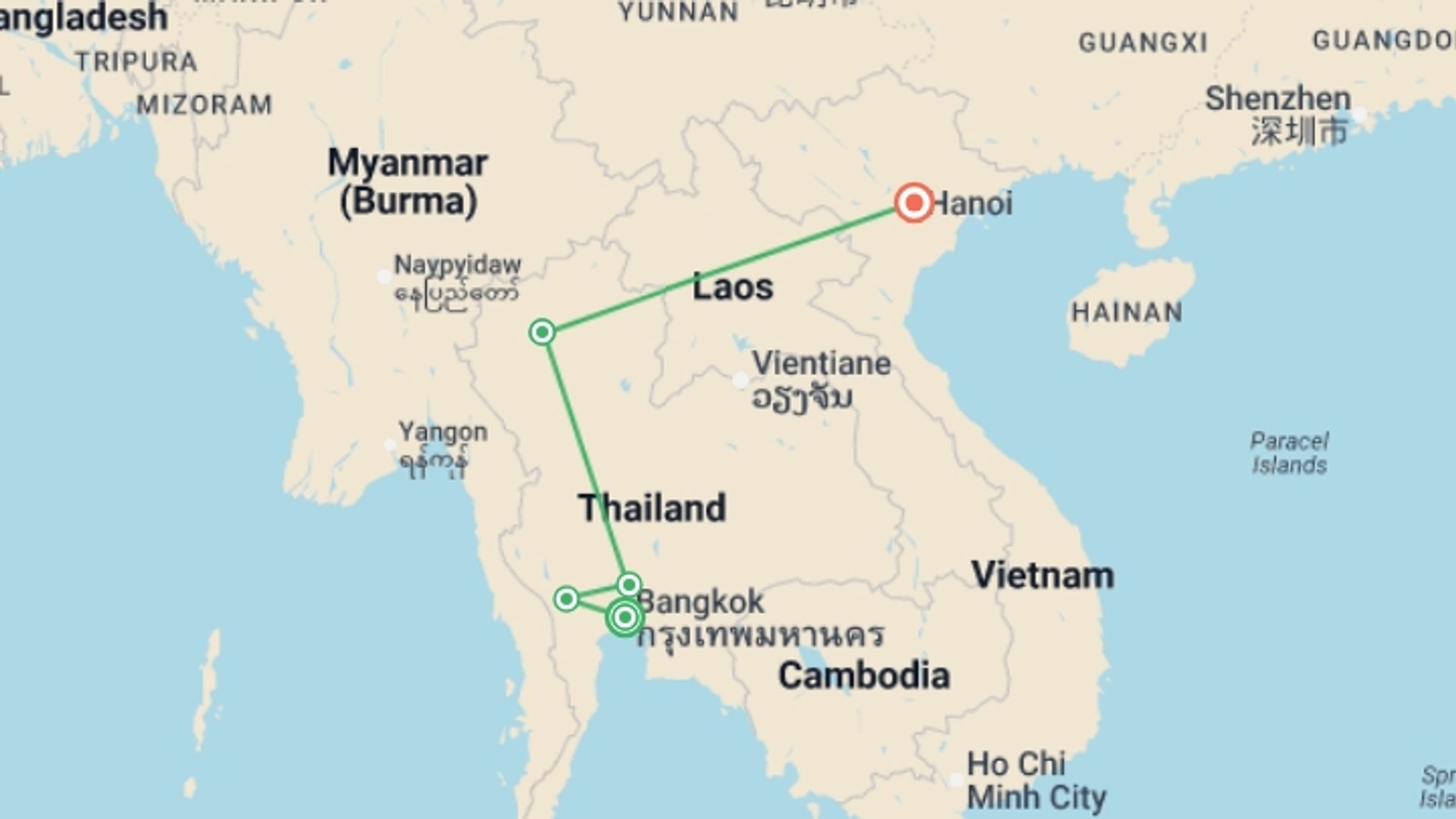 A map showing the tour itinerary for the trip: Bangkok to Hanoi: Chiang Mai, Night Markets & Streetside Bars, starting in Bangkok, Thailand and ending in Hanoi, Vietnam going through 3 other destinations.