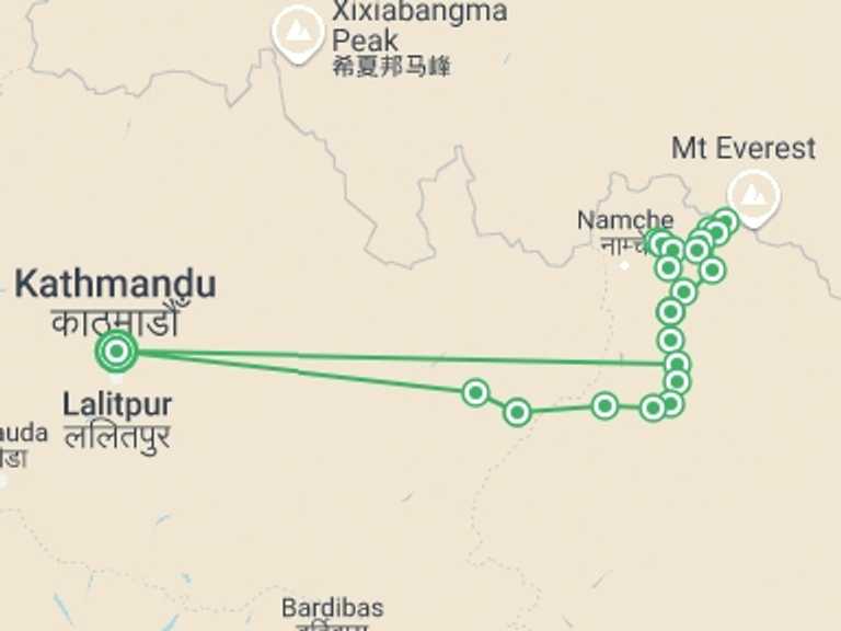 Map of Kathmandu Mountains Tour with 18 destination visits for the trip: Jiri to Everest Base Camp Trek
