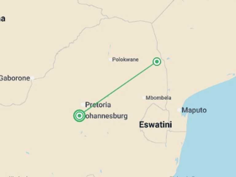 Map itinerary of Johannesburg Tour in October 2026 with 2 destination visits for the trip: Kruger Safari & the Panorama Route