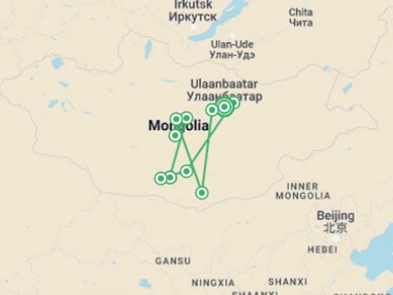 Map itinerary of Mongolia Tour in September 2026 with 10 destination visits for the trip: Discover Mongolia