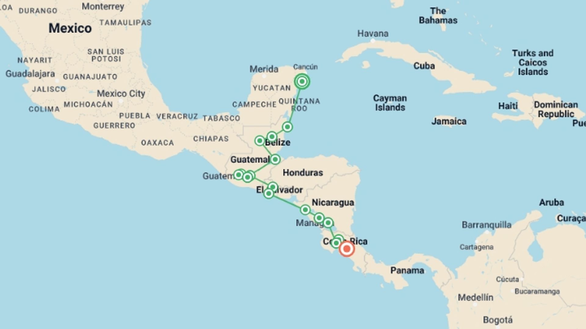A map showing the tour itinerary for the trip: Central American Journey: Rainforests & Ruins, starting in Playa Del Carmen, Mexico and ending in San Jose, Costa Rica going through 15 other destinations.