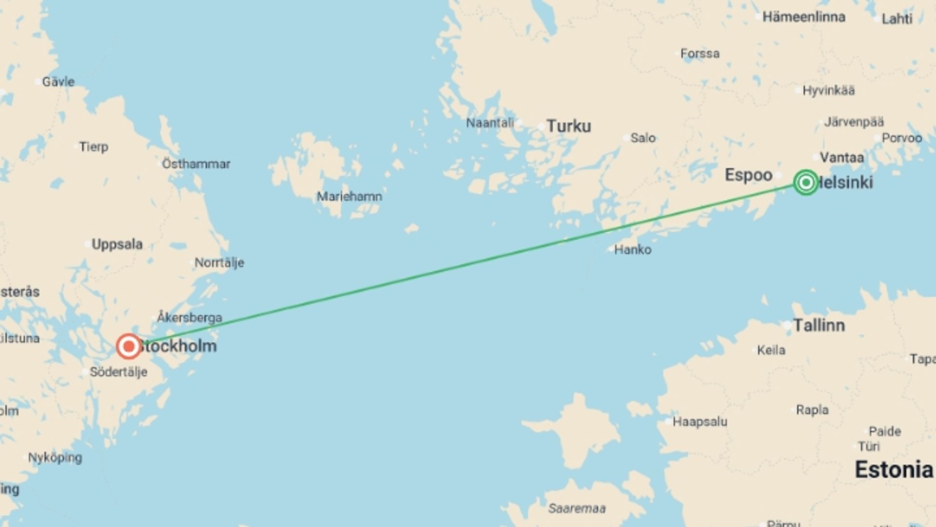 A map showing the tour itinerary for the trip: New Year on the Baltic Sea from Helsinki (5 Star) - 4 days, starting in Helsinki, Finland and ending in Stockholm, Sweden going through 0 other destinations.