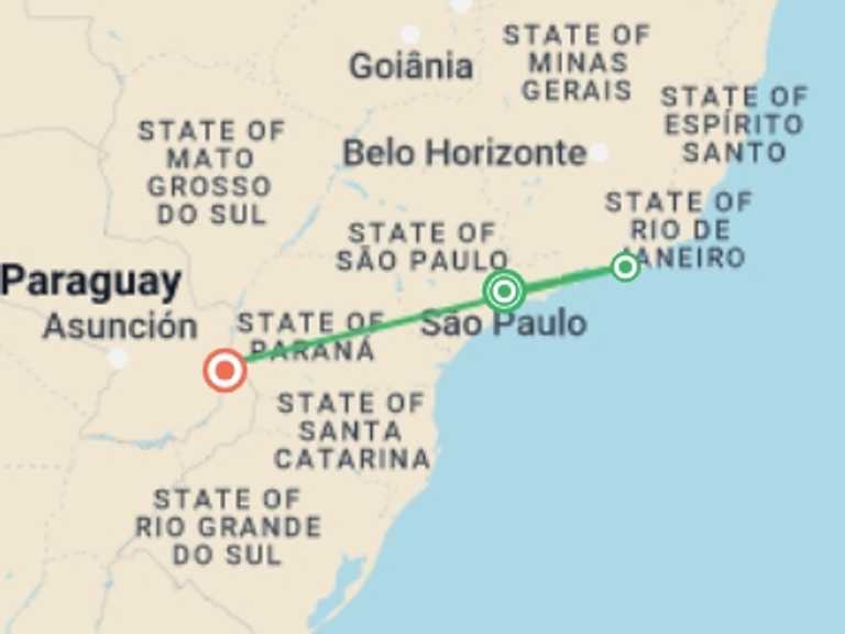 Map of a Rainforest and jungle visits Tour with 7 destination visits for the trip: Sao Paulo, Rio de Janeiro & Iguazu Falls