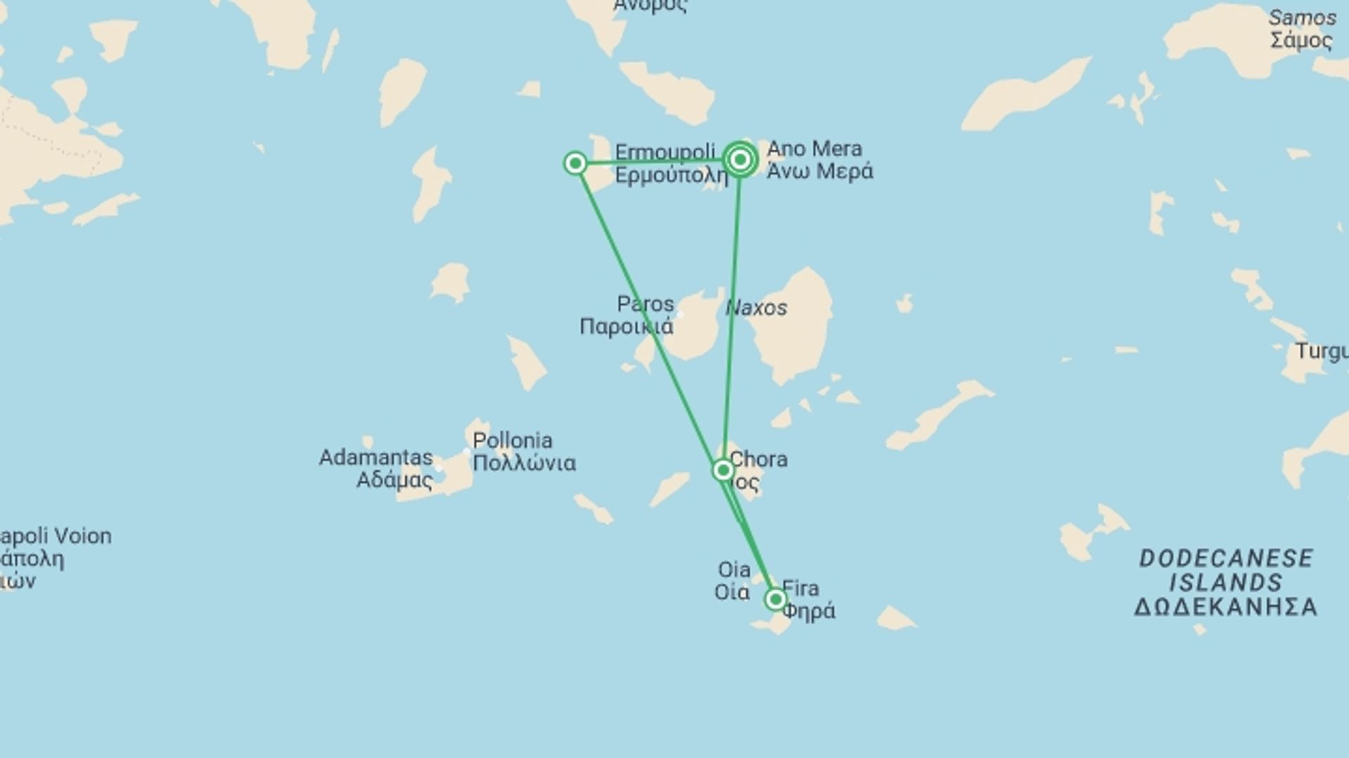 A map showing the tour itinerary for the trip: Sailing Greece - Mykonos to Mykonos, starting in Mykonos, Greece and ending in Mykonos, Greece going through 3 other destinations.