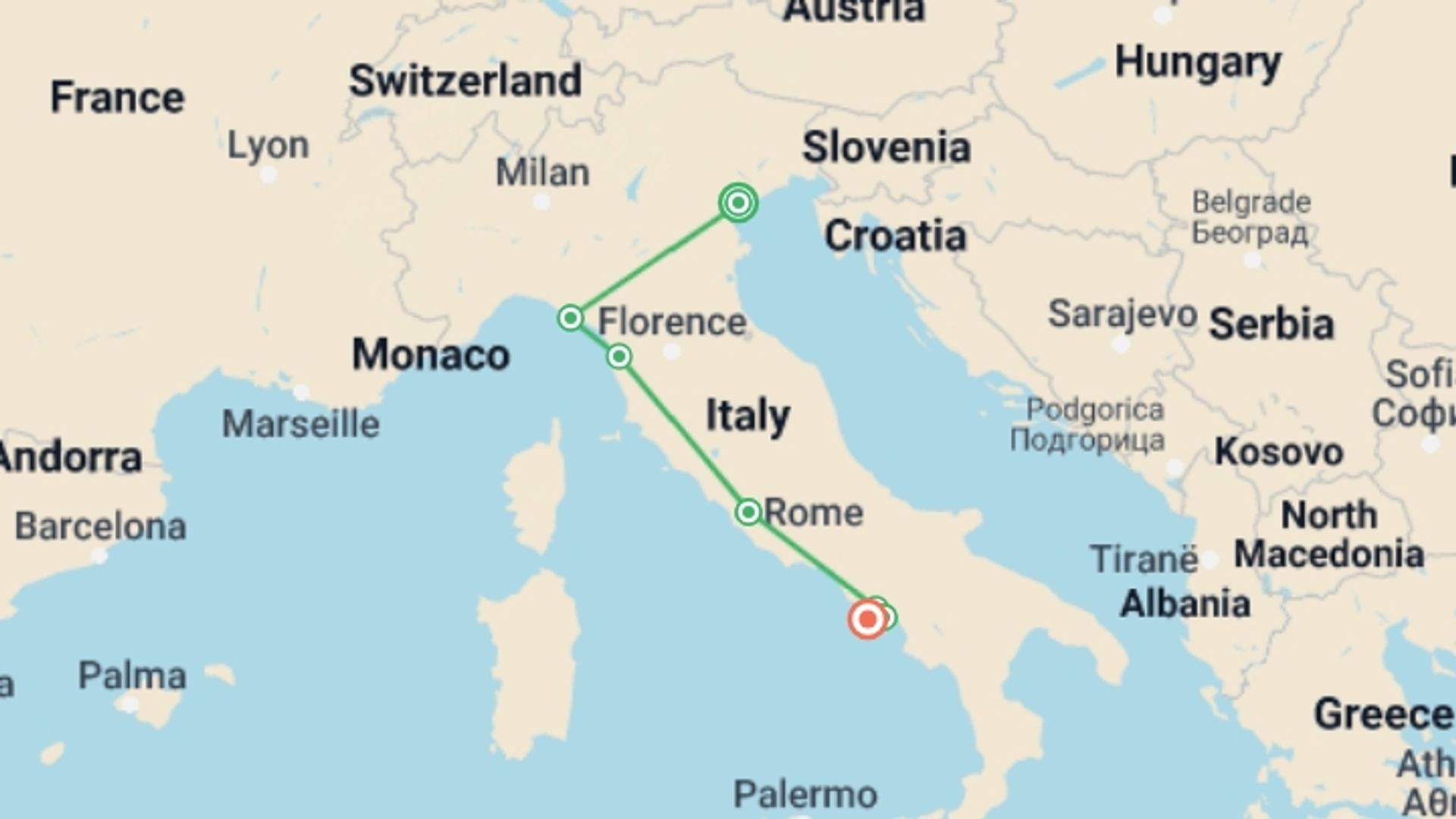 A map showing the tour itinerary for the trip: Best of Italy Family Holiday, starting in Venice, Italy and ending in Sorrento, Italy going through 5 other destinations.
