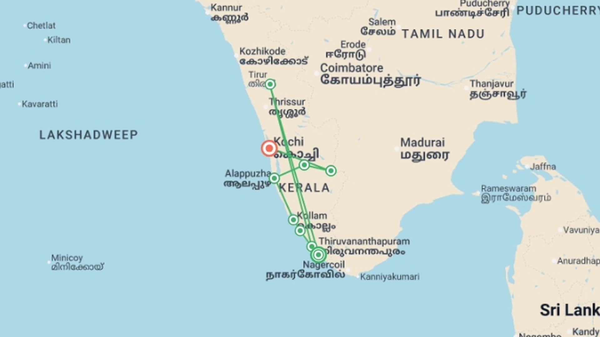 A map showing the tour itinerary for the trip: Cycle Kerala, starting in Kovalam, India and ending in Kochi, India going through 7 other destinations.