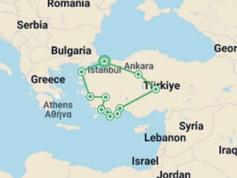 Map of 15-Day Europe Tour with 12 destination visits for the trip: Turkey in Depth