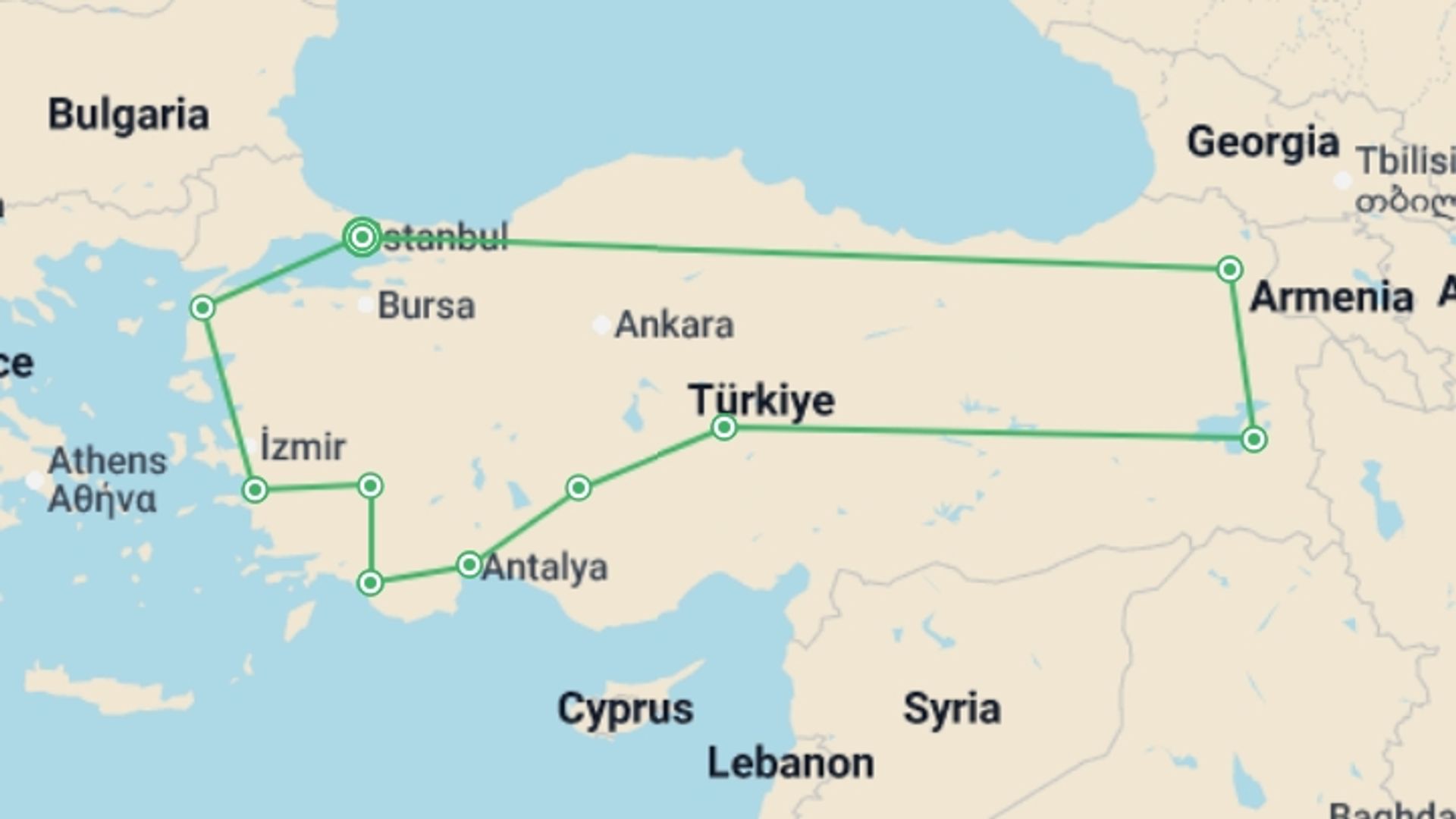A map showing the tour itinerary for the trip: Turkey Encompassed - 19 days, starting in Istanbul, Turkey and ending in Istanbul, Turkey going through 9 other destinations.