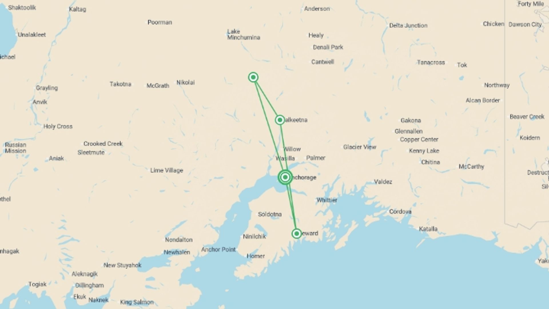 A map showing the tour itinerary for the trip: Alaska Kenai & Denali Adventure, starting in Anchorage, USA and ending in Anchorage, USA going through 3 other destinations.