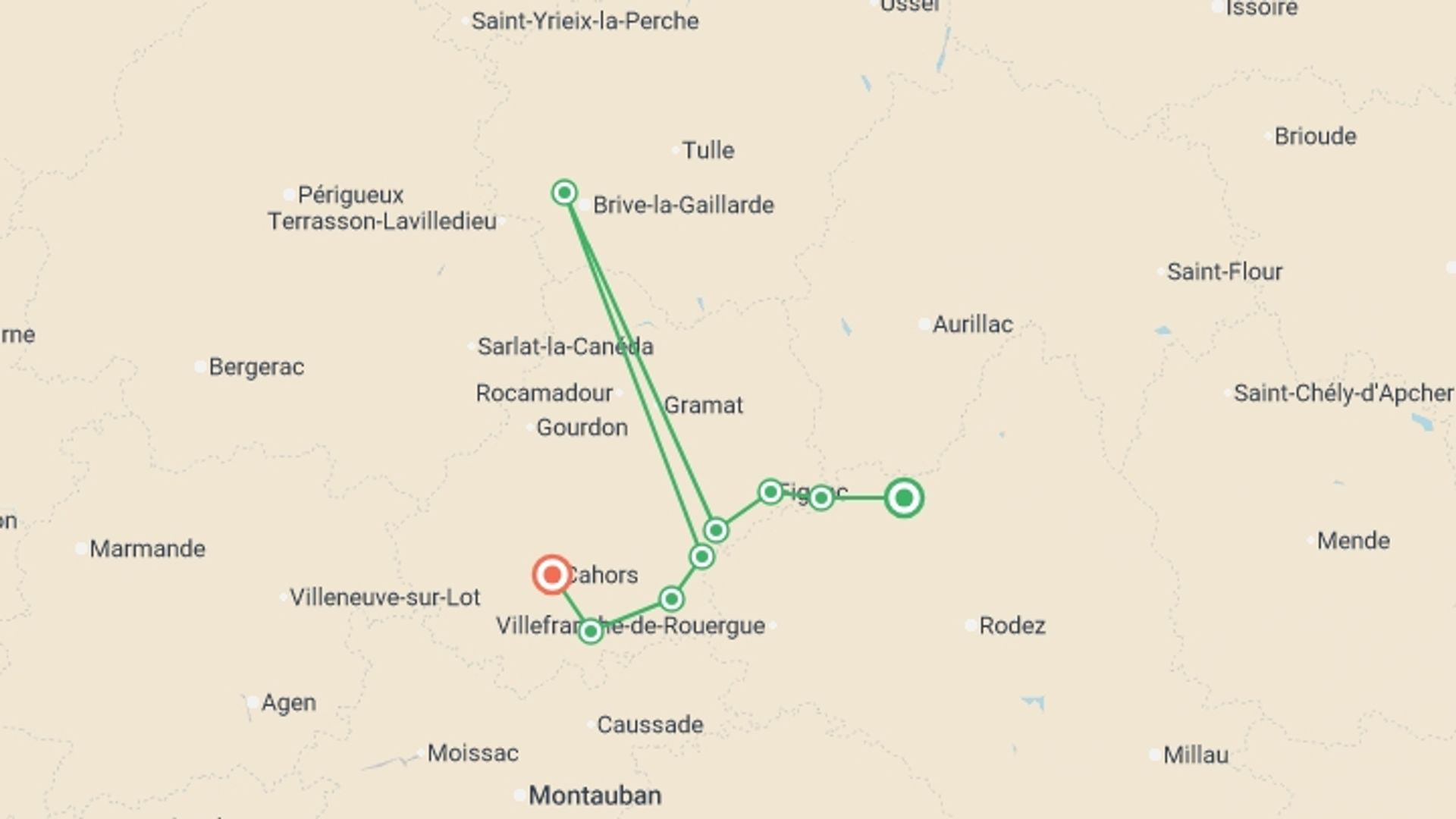 A map showing the tour itinerary for the trip: Le Puy Camino - Conques to Cahors, starting in The Way of St. James, France and ending in Cahors, France going through 7 other destinations.