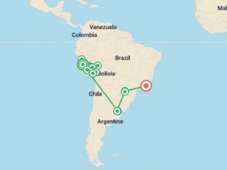 Map of a Adventure and sport Tour with 14 destination visits for the trip: Ultimate Peru, Argentina & Brazil