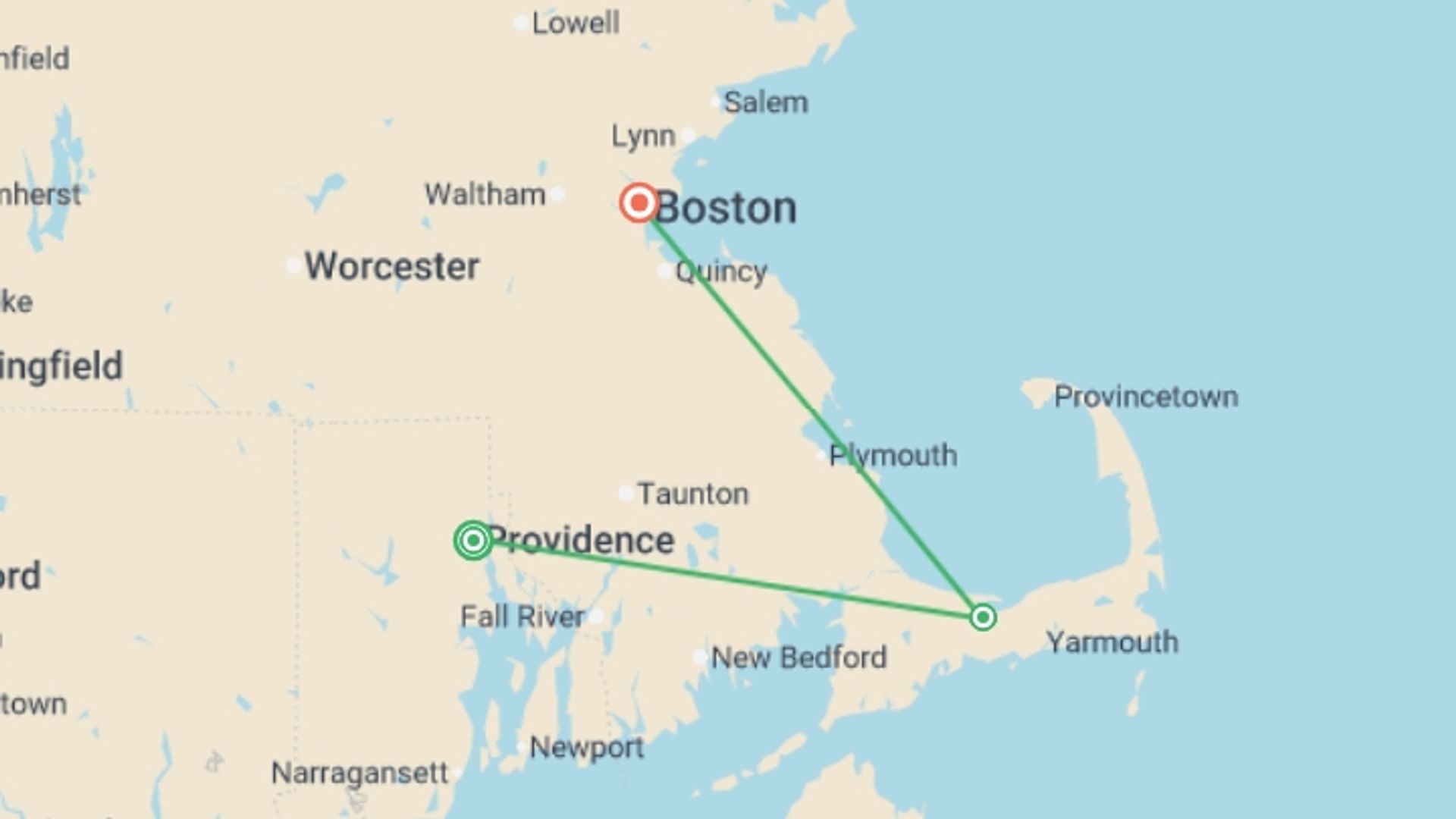 A map showing the tour itinerary for the trip: Islands of New England, starting in Providence, USA and ending in Boston, USA going through 1 other destinations.