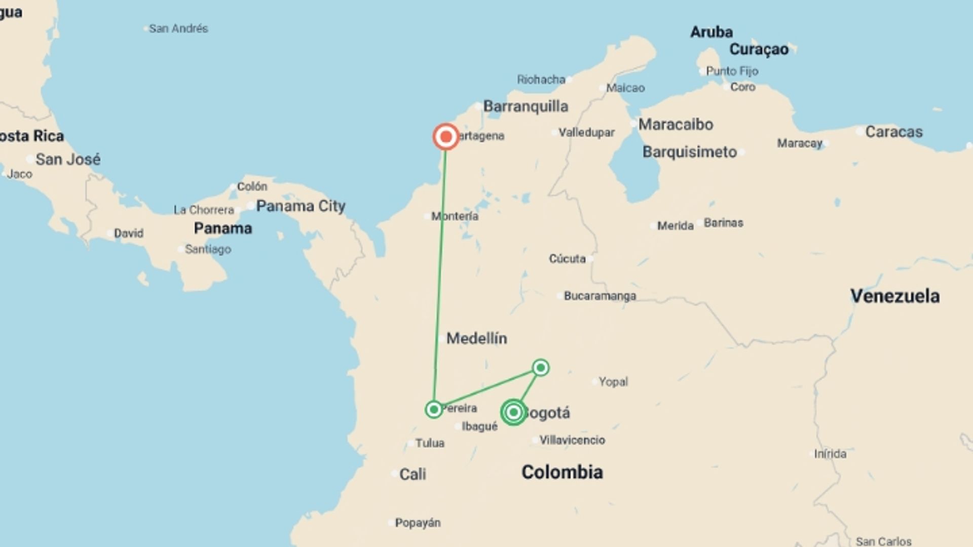 A map showing the tour itinerary for the trip: Caffe Colombia - 8 days, starting in Bogota, Colombia and ending in Cartagena, Colombia going through 2 other destinations.